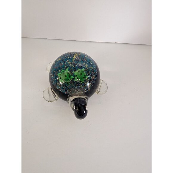 Handblown Glass Turtle Figurine With Green Fish Design & Glitter Accents - Picture 2 of 6